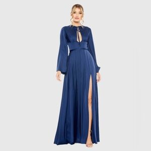 Mac Duggal 68308 NWT Navy Charmeuse Soft Tie Keyhole Bell Sleeve Gown